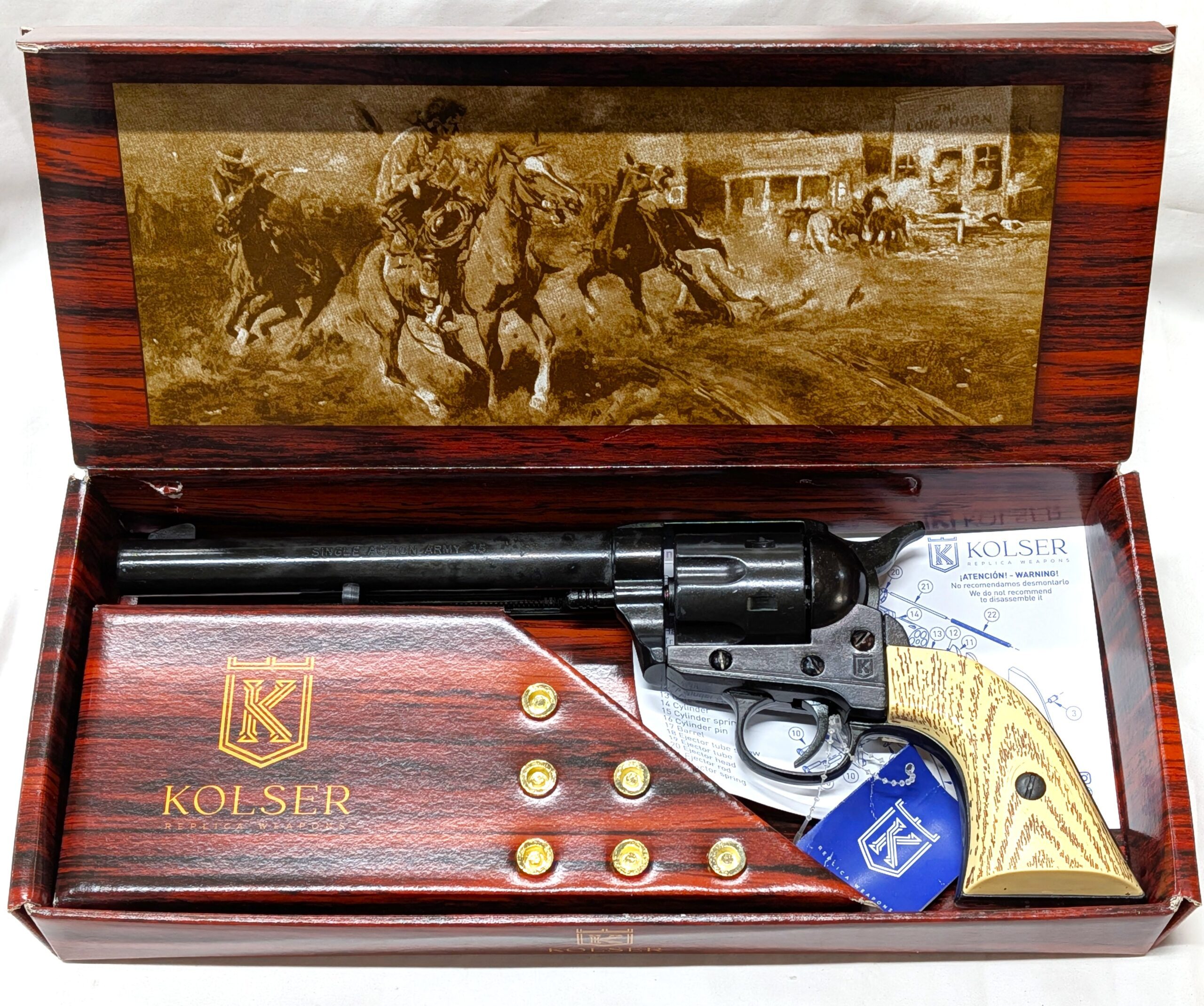 Western Single Action Army Revolver 45 pistol with 6 cap gun bullet rounds and gift box by Kolser silver with wooden handle - 1064 1M - Image 2