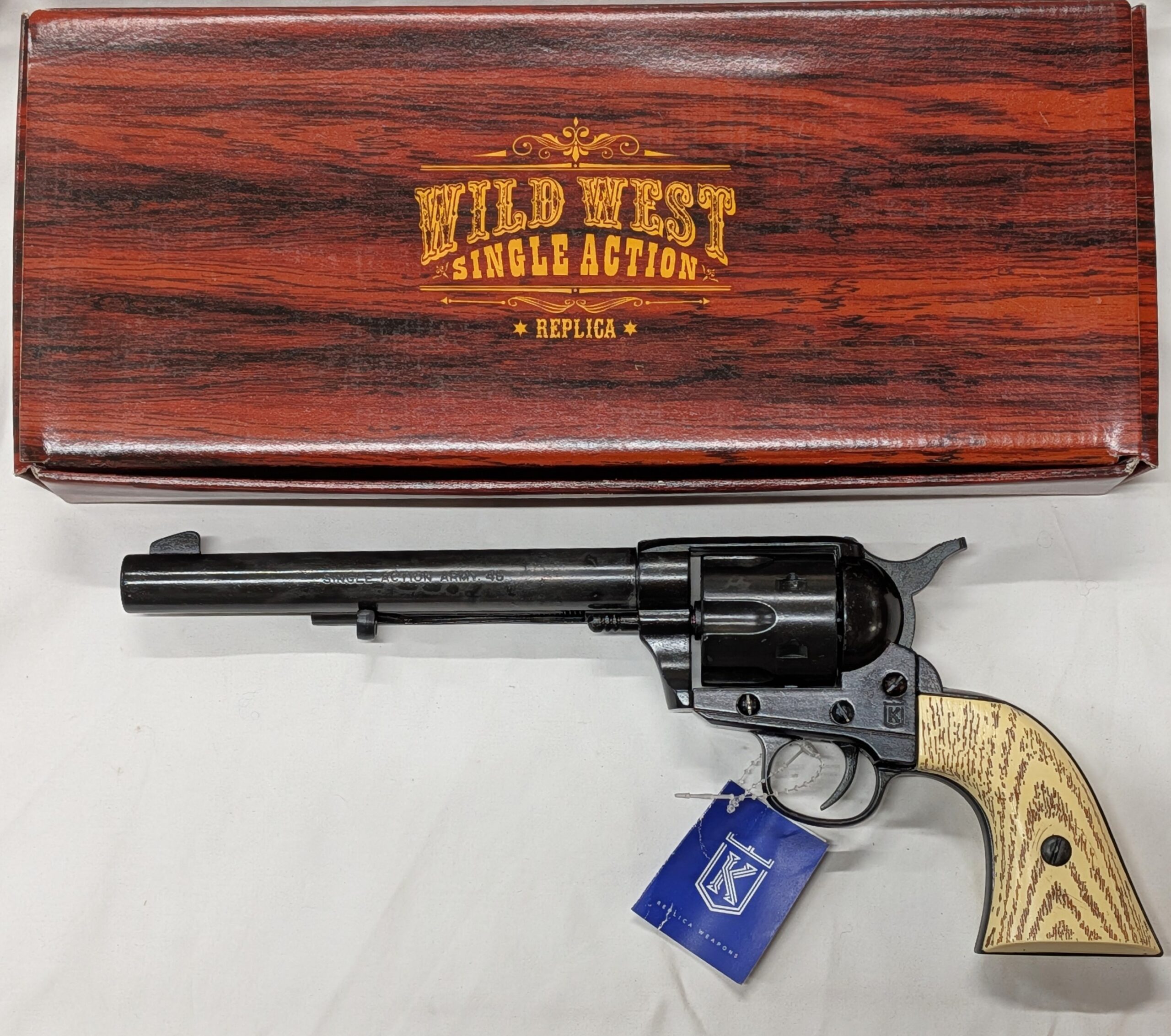 Western Single Action Army Revolver 45 pistol with 6 cap gun bullet rounds and gift box by Kolser silver with wooden handle - 1064 1M - Image 3