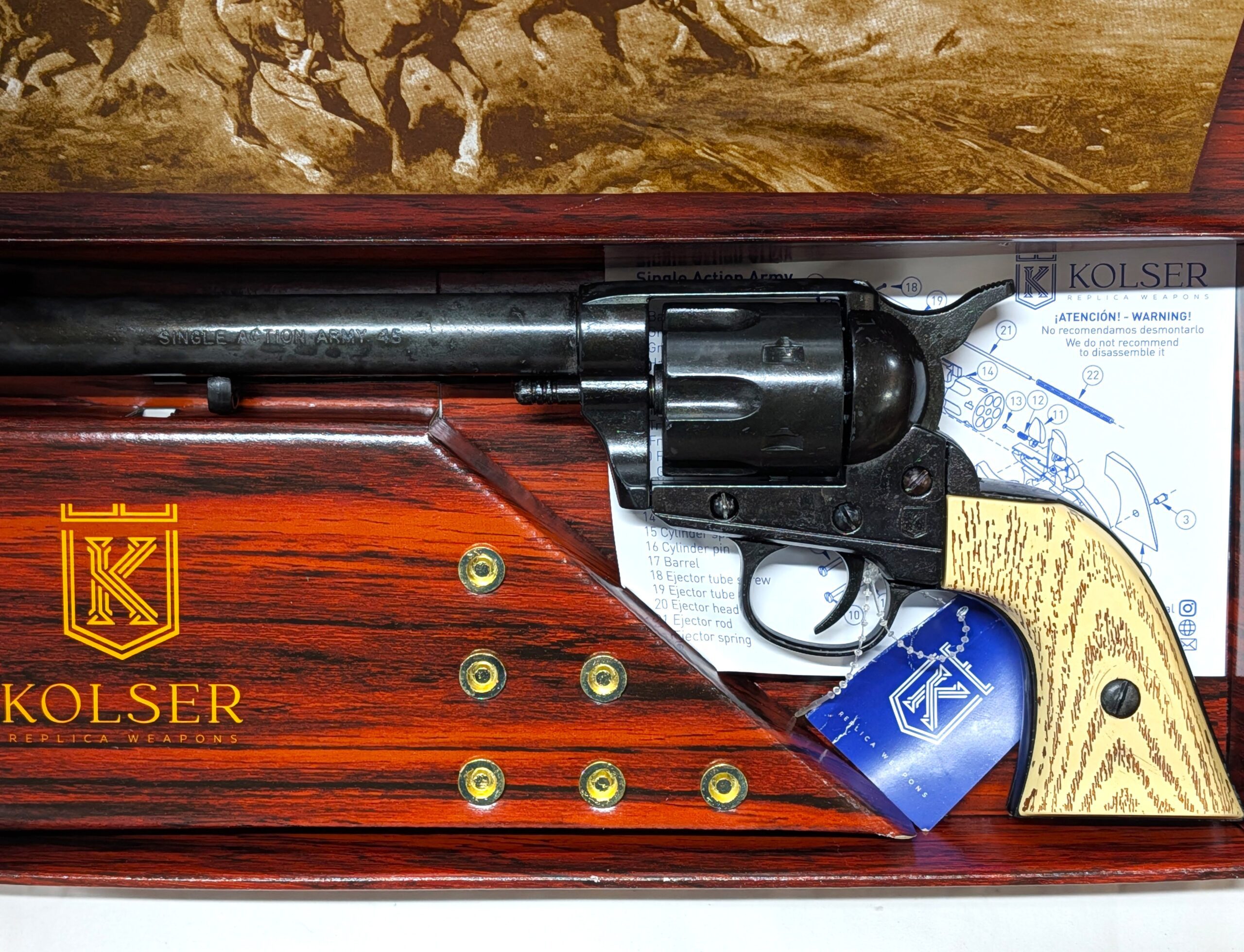 Western Single Action Army Revolver 45 pistol with 6 cap gun bullet rounds and gift box by Kolser silver with wooden handle - 1064 1M