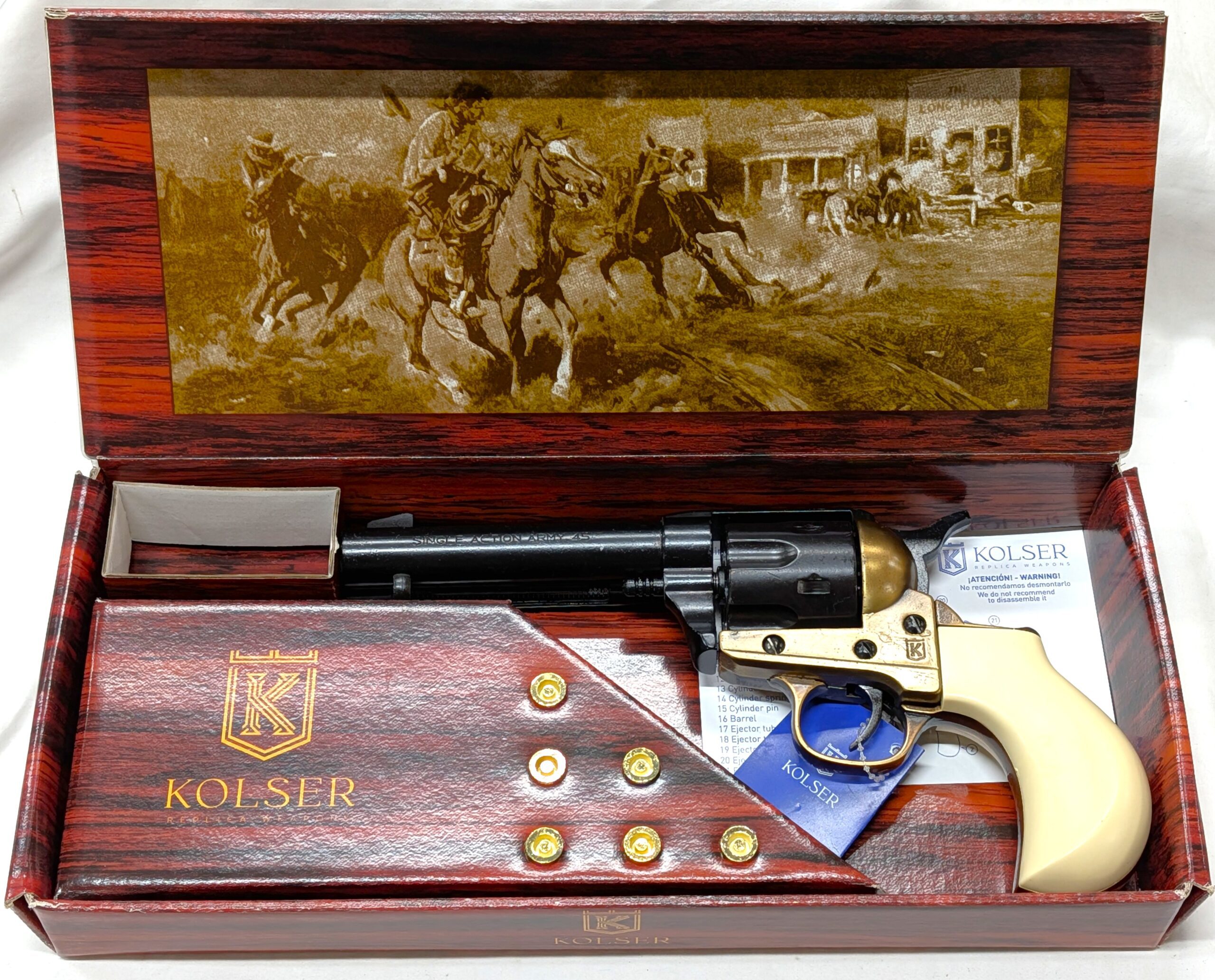 Western Thunderer Single Action Army Revolver 45 pistol with 6 cap gun bullet rounds and gift box by Kolser bronze with bone handle - 1056 1ML - Image 2