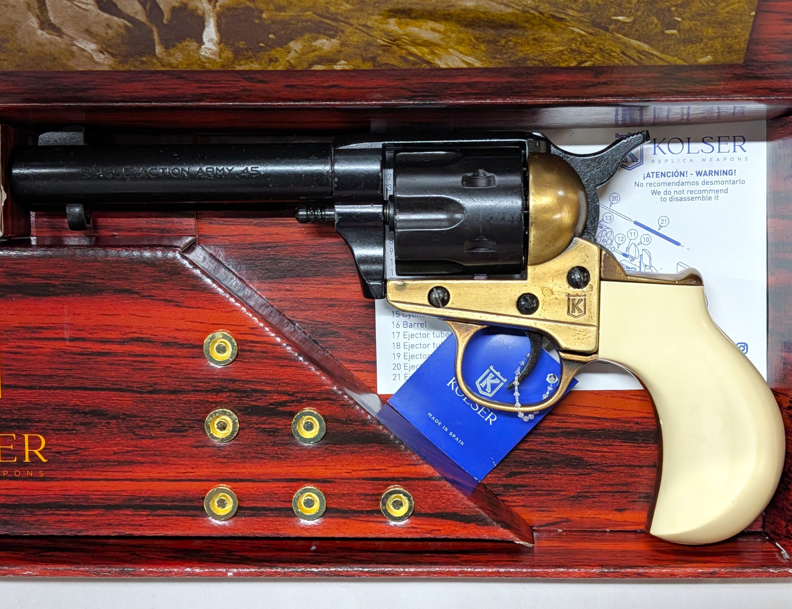 Western Thunderer Single Action Army Revolver 45 pistol with 6 cap gun bullet rounds and gift box by Kolser bronze with bone handle - 1056 1ML
