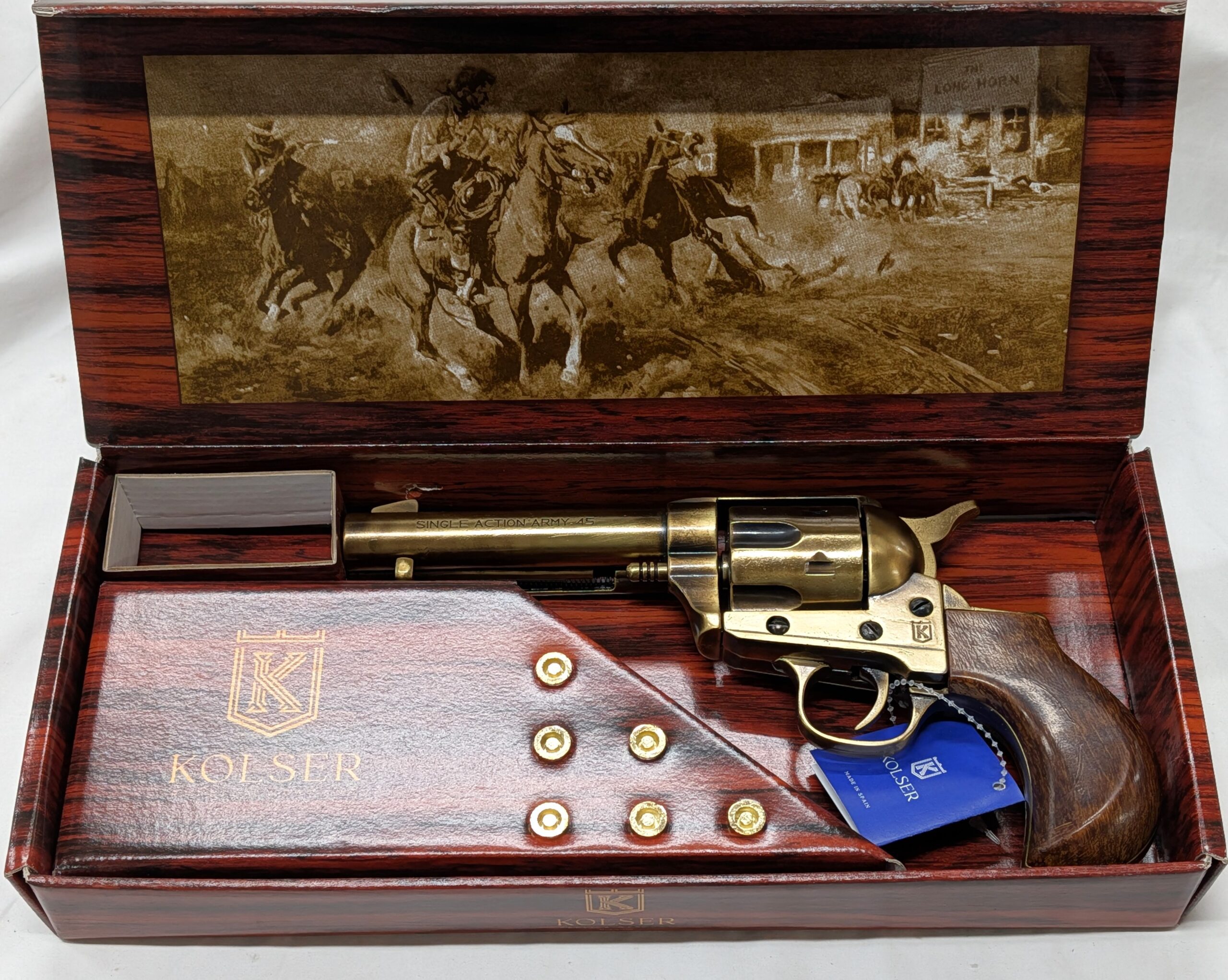 Western Thunderer Single Action Army Revolver 45 pistol with 6 cap gun bullet rounds and gift box by Kolser bronze with wood handles - 1056 1LP - Image 2