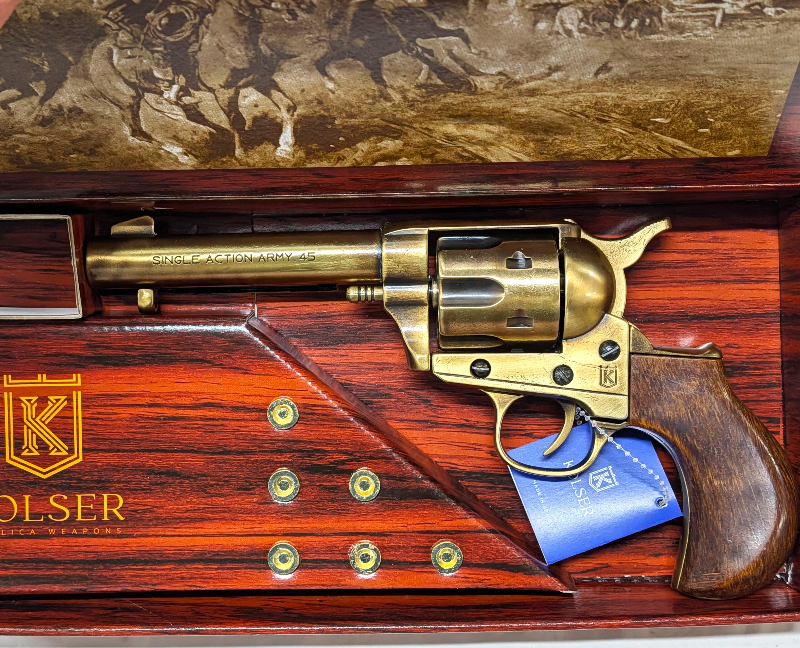 Western Thunderer Single Action Army Revolver 45 pistol with 6 cap gun bullet rounds and gift box by Kolser bronze with wood handles - 1056 1LP